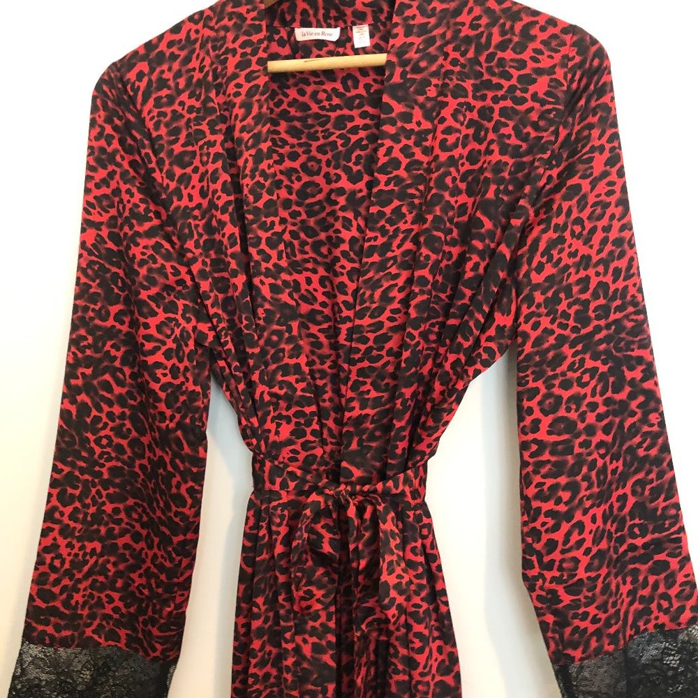 Red & Black Leopard Print Satin Like Robe